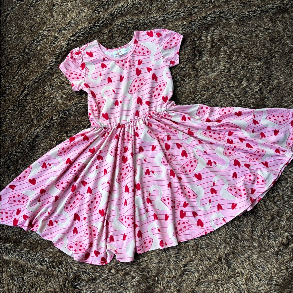 Pink With Red Hearts, Stripes, Swans Girls Twirling Dress size 7. Valentines Day